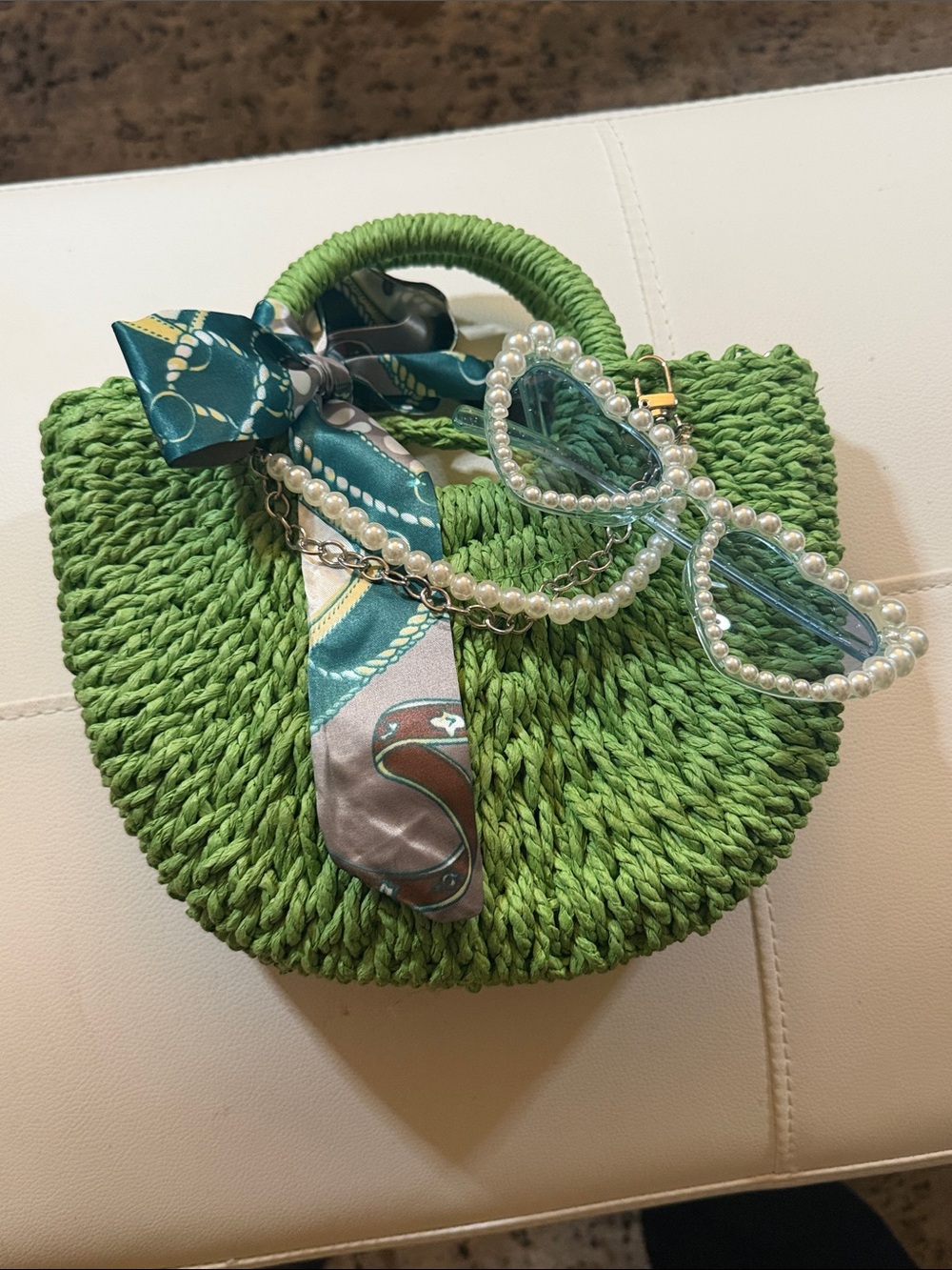 Green Woven Half-Moon Tote with Scarf Accent and Pearl Sunglass Charm